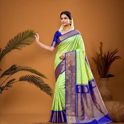 PURE GADWAL SILK BODY BUTTI LIGHT GREEN PALLU BLUE BIG BORDER AND BLOUSE BLUE SAREE - pochampallysarees.com