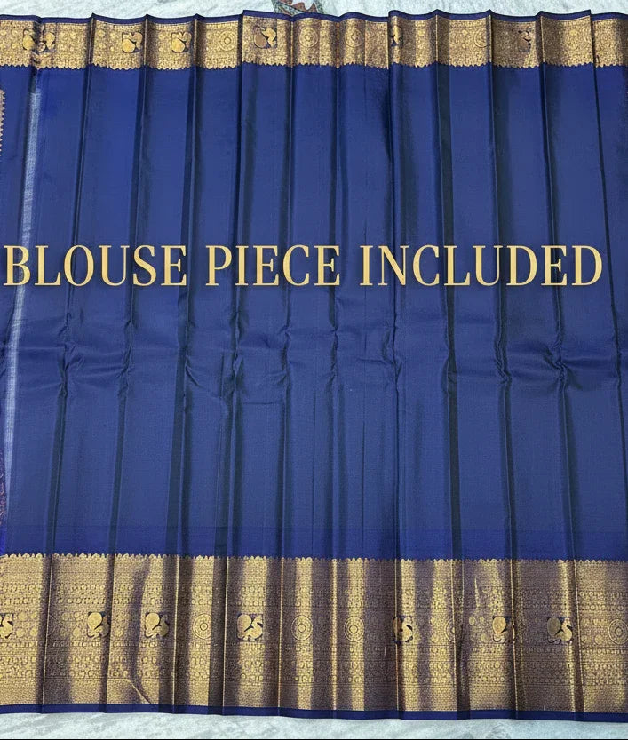 Pure Gadwal Silk Saree in Pastel Mint Green with Navy Blue Temple Border &amp; Grand Gold Zari Pallu | Traditional Handloom Wedding Saree - pochampallysarees.com