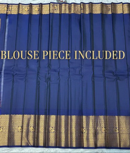 Pure Gadwal Silk Saree in Pastel Mint Green with Navy Blue Temple Border &amp; Grand Gold Zari Pallu | Traditional Handloom Wedding Saree - pochampallysarees.com