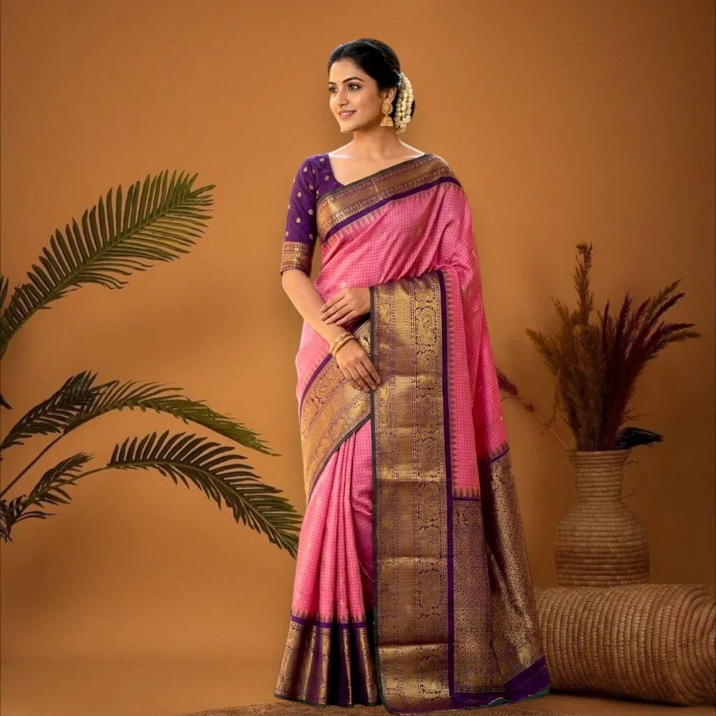 PURE GADWAL SILK PINK BODY BUTTI CHOCOLATE PALLU BLUE BIG BORDER AND BLOUSE BLUE SAREE - pochampallysarees.com