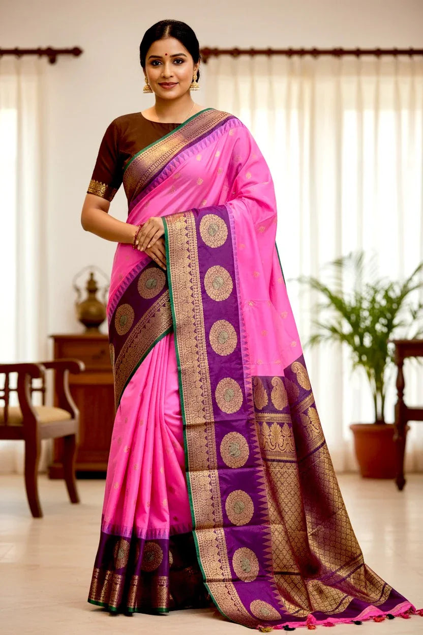 GADWAL SILK PINK CHOCOLATE SARI - pochampallysarees.com