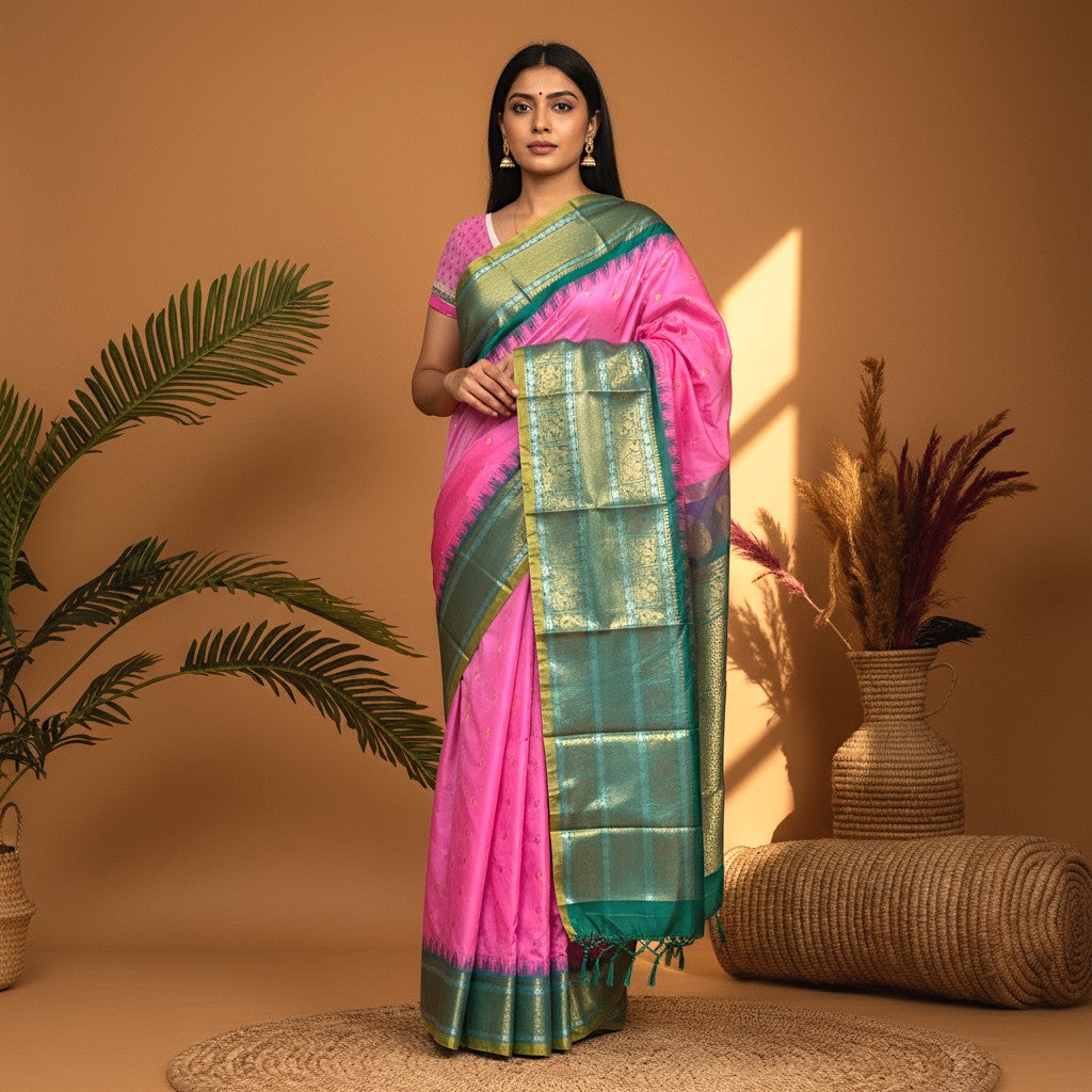Pure-Gadwal-Silk-Pink-Rma-Green-Sari-pochampallysarees.com