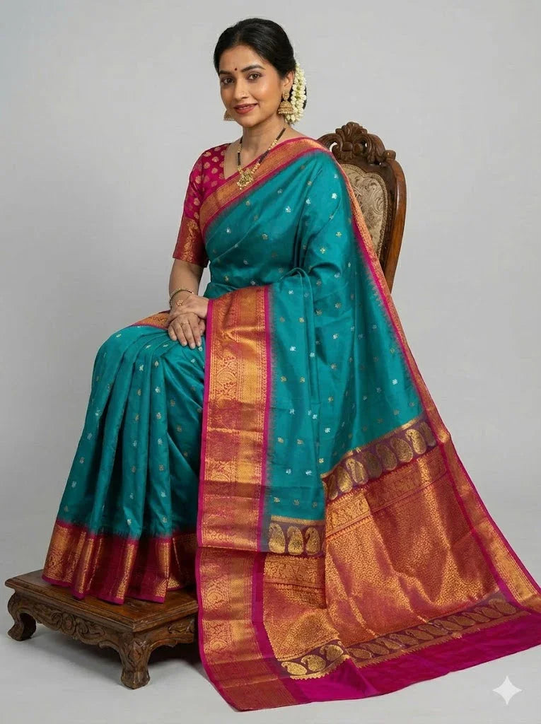 Elegant Teal Blue Pure Gadwal Silk Saree with Contrast Rani Pink Zari Border &amp; Pallu - pochampallysarees.com