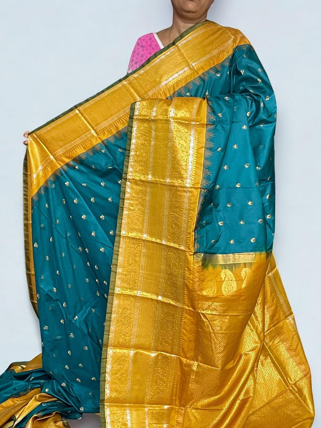 Handwoven Gadwal Silk Saree Yellow Ananda Blue