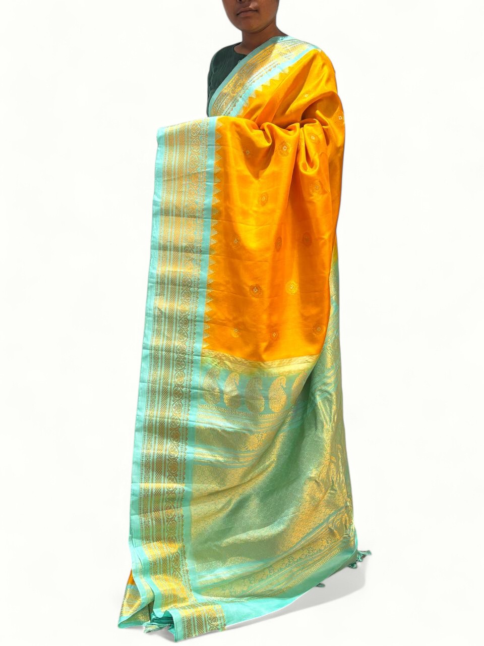 Pure Gadwal Silk Yellow Sea Green