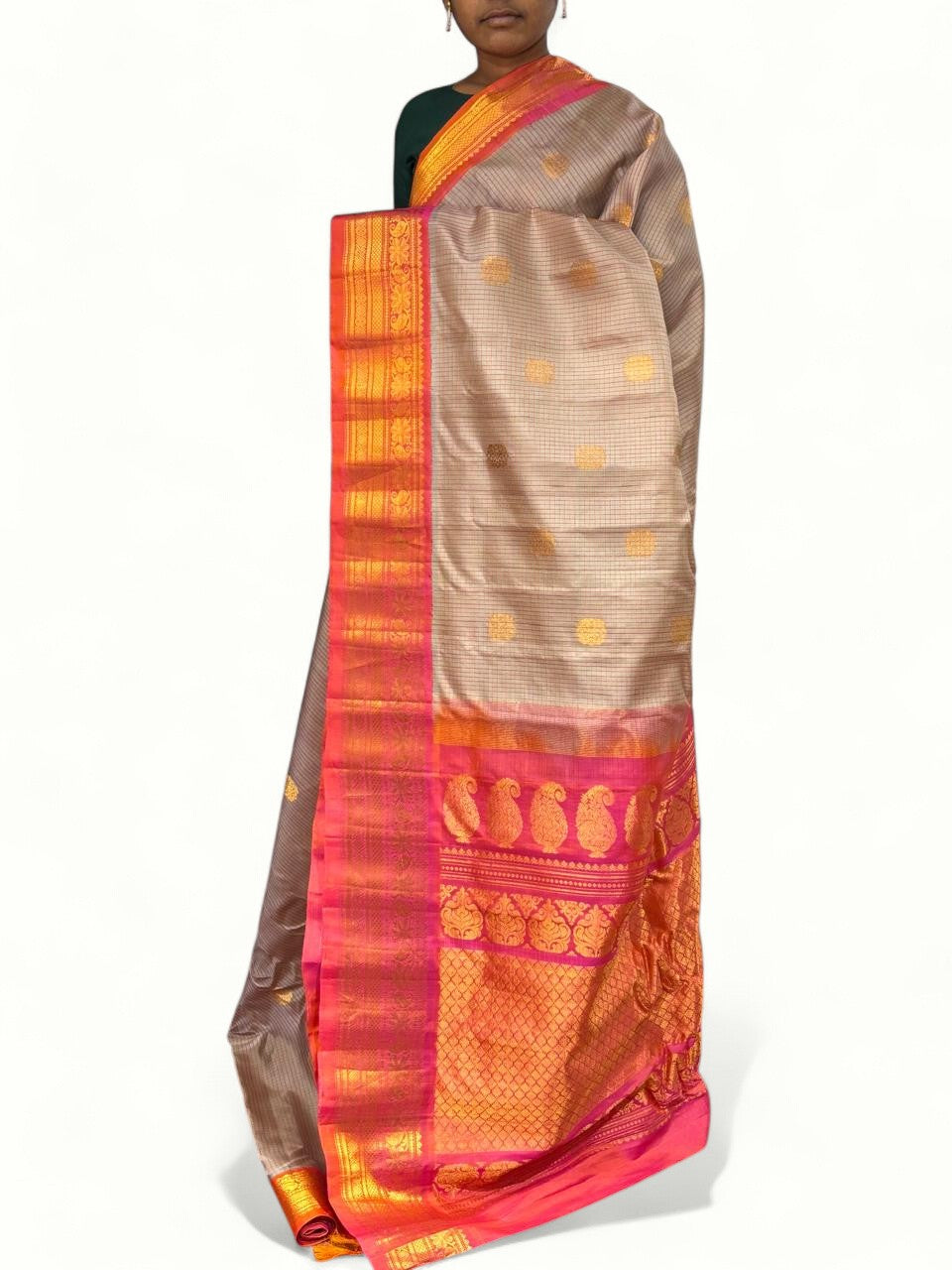 Pure Gadwal Silk checks Cream Orange