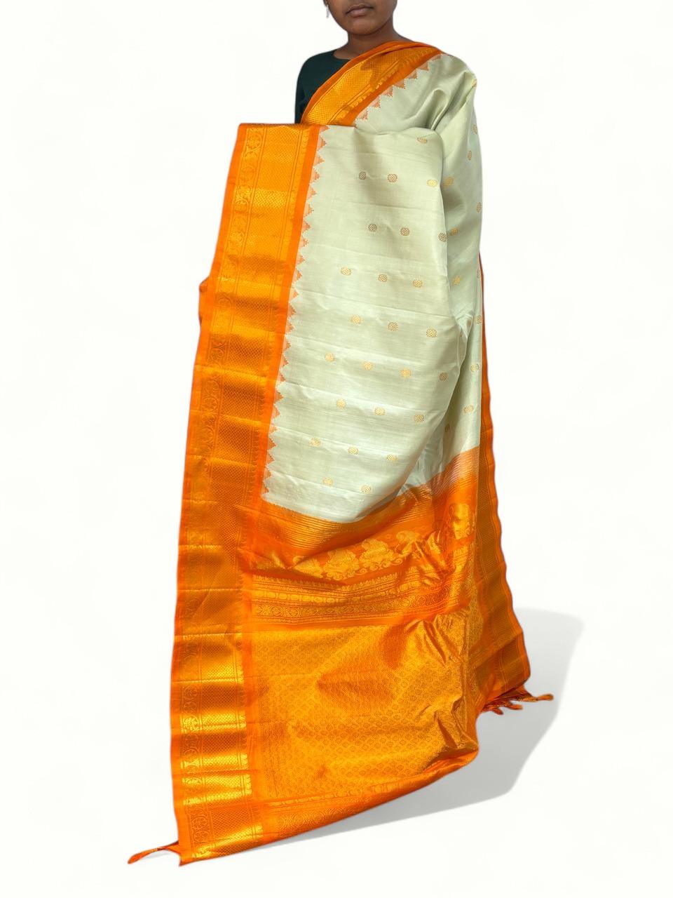 Pure Gadwal Silk White Orange