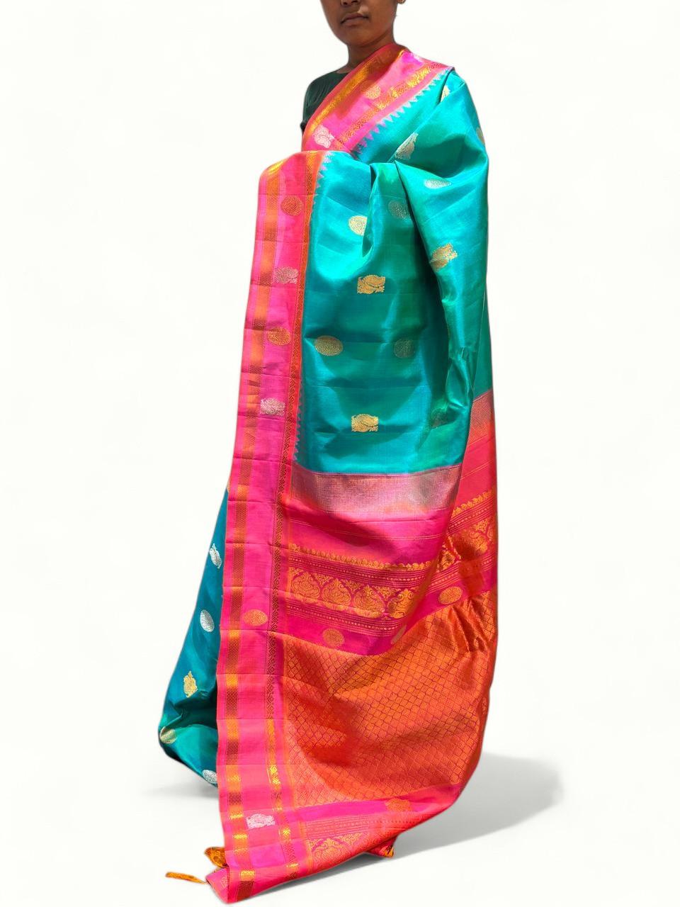 Pure Gadwal Silk Blue Pink