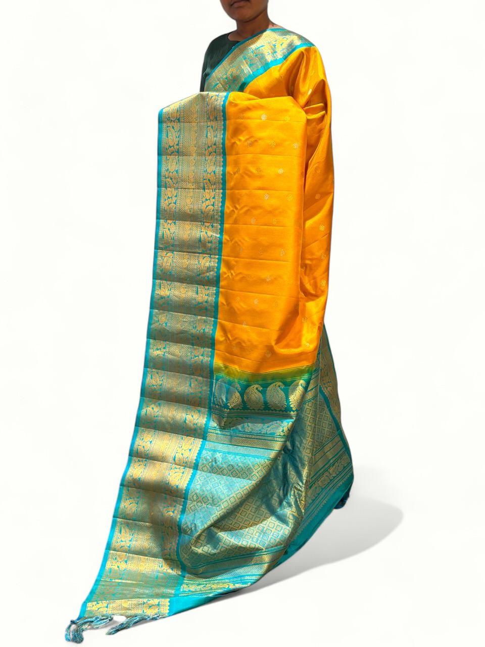 Pure Gadwal Silk Yellow Blue