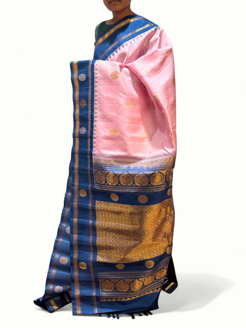 Pure Gadwal Silk Light Pink Navy Blue