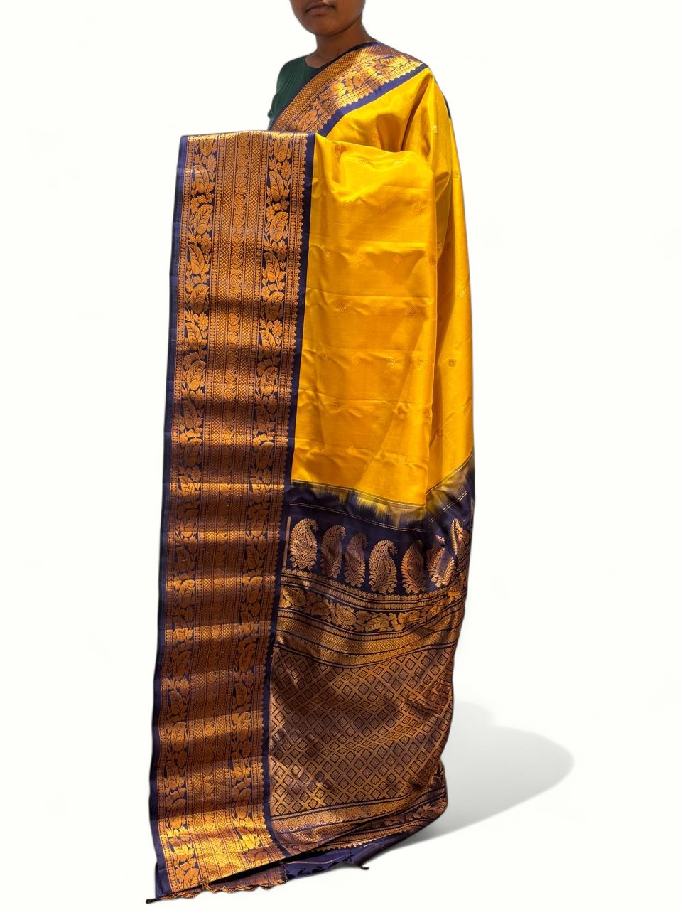 Pure Gadwal Silk Yellow Navy Blue