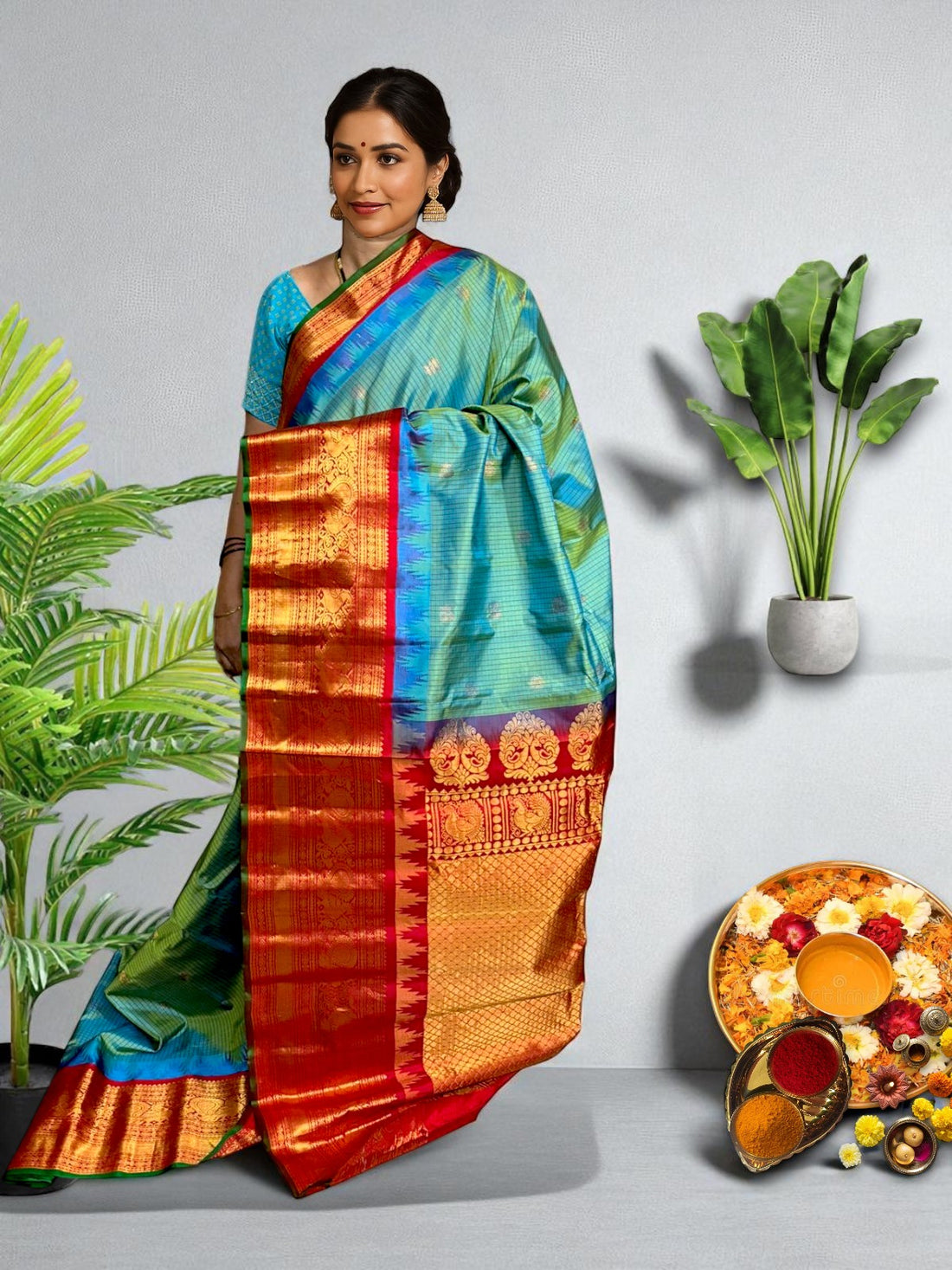 GADWAL SILK SARI DUAL SEA GREEN