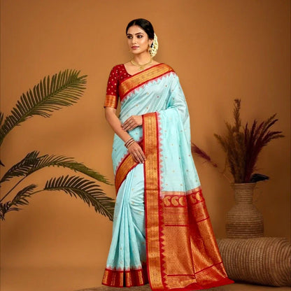 PURE GADWAL SILK BODY BUTTI LIGHT BLUE PALLU RED SMALL BORDER AND BLOUSE RED SAREE - pochampallysarees.com