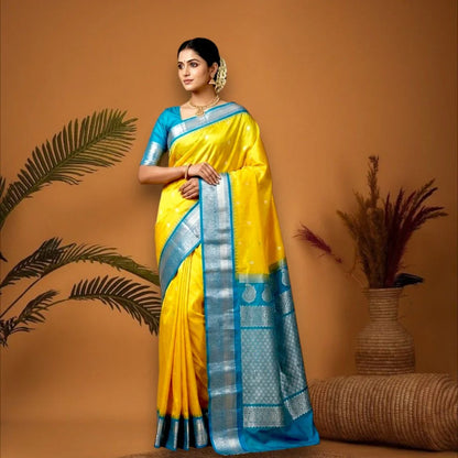 PURE GADWAL SILK BODY BUTTI YELLOW PALLU BLUE SMALL BORDER AND BLOUSE BLUE SAREE - pochampallysarees.com