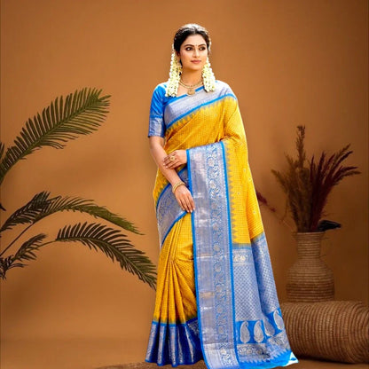PURE GADWAL SILK YELLOW BODY BUTTI BROWN PALLU BLUE BIG BORDER AND BLOUSE BLUE SAREE - pochampallysarees.com