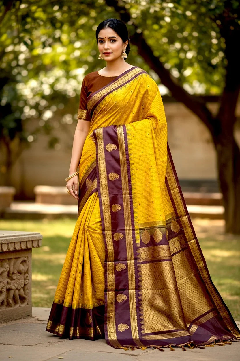 GADWAL SILK YELLOW CHOCOLATE SARI - pochampallysarees.com