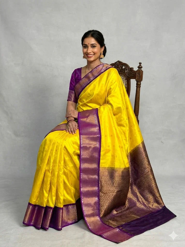 Traditional Vibrant Yellow Pure Gadwal Silk Saree with Rich Purple Zari Border &amp; Matching Blouse - pochampallysarees.com