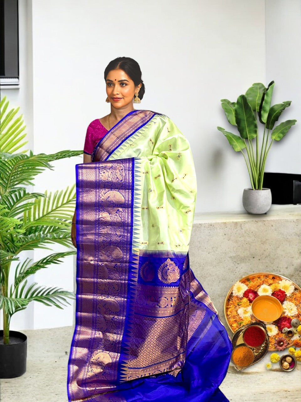 PURE GADWAL SILK BODY BUTTI LIGHT GREEN PALLU BORDER AND BLOUSE BLUE SAREE