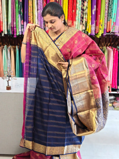 Pure kanchipuram tissue silk saree Pink with Naviblue Checks floral design motif and long rich floral design border - pochampallysarees.com