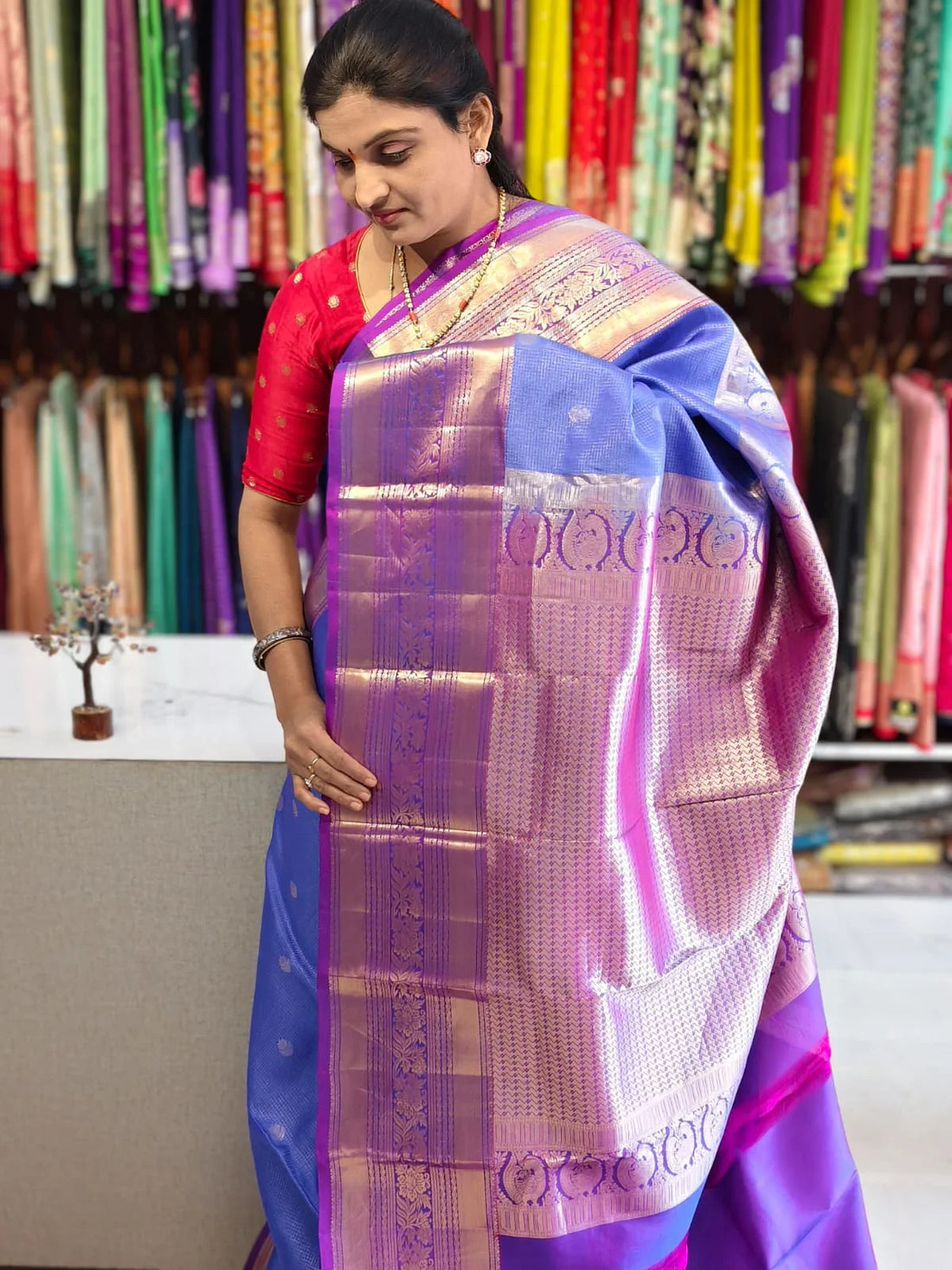 Pure kanchipuram tissue silk saree Sky Blue with Purple Checks floral design motif and long rich floral design border - pochampallysarees.com