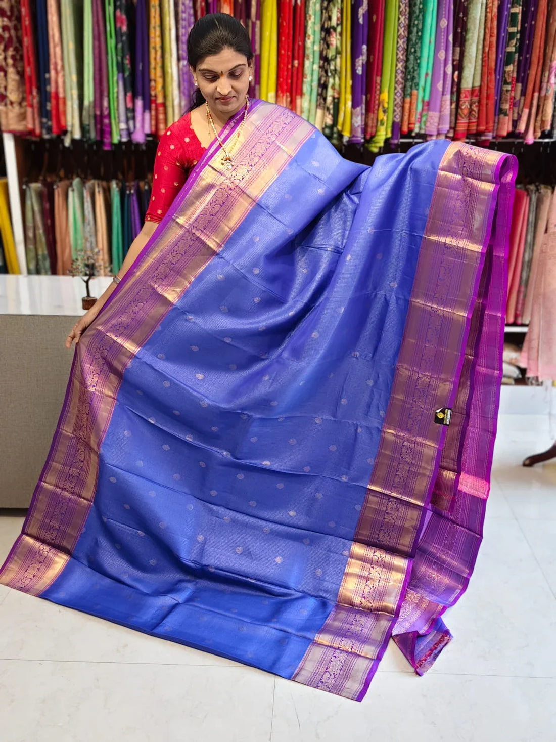 Pure kanchipuram tissue silk saree Sky Blue with Purple Checks floral design motif and long rich floral design border - pochampallysarees.com