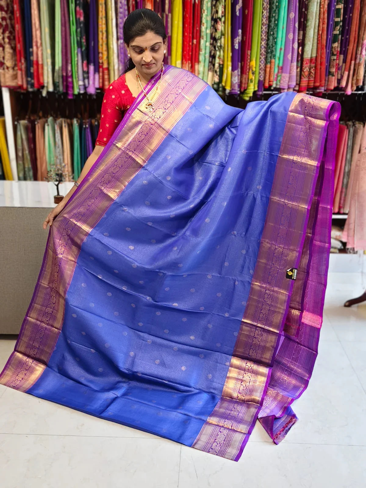 Pure kanchipuram tissue silk saree Sky Blue with Purple Checks floral design motif and long rich floral design border - pochampallysarees.com