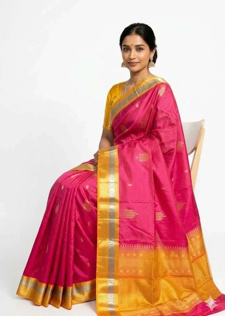 Pink and yellow handloom Pure Kanchipuram Pattu Saree with gold zari border