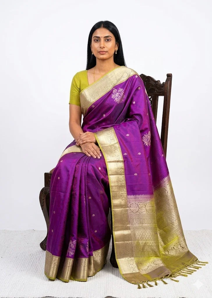 Pure Kanchipuram Pattu Saree with gold zari border Purple And Olive Green Saree -Pochampallysarees.com