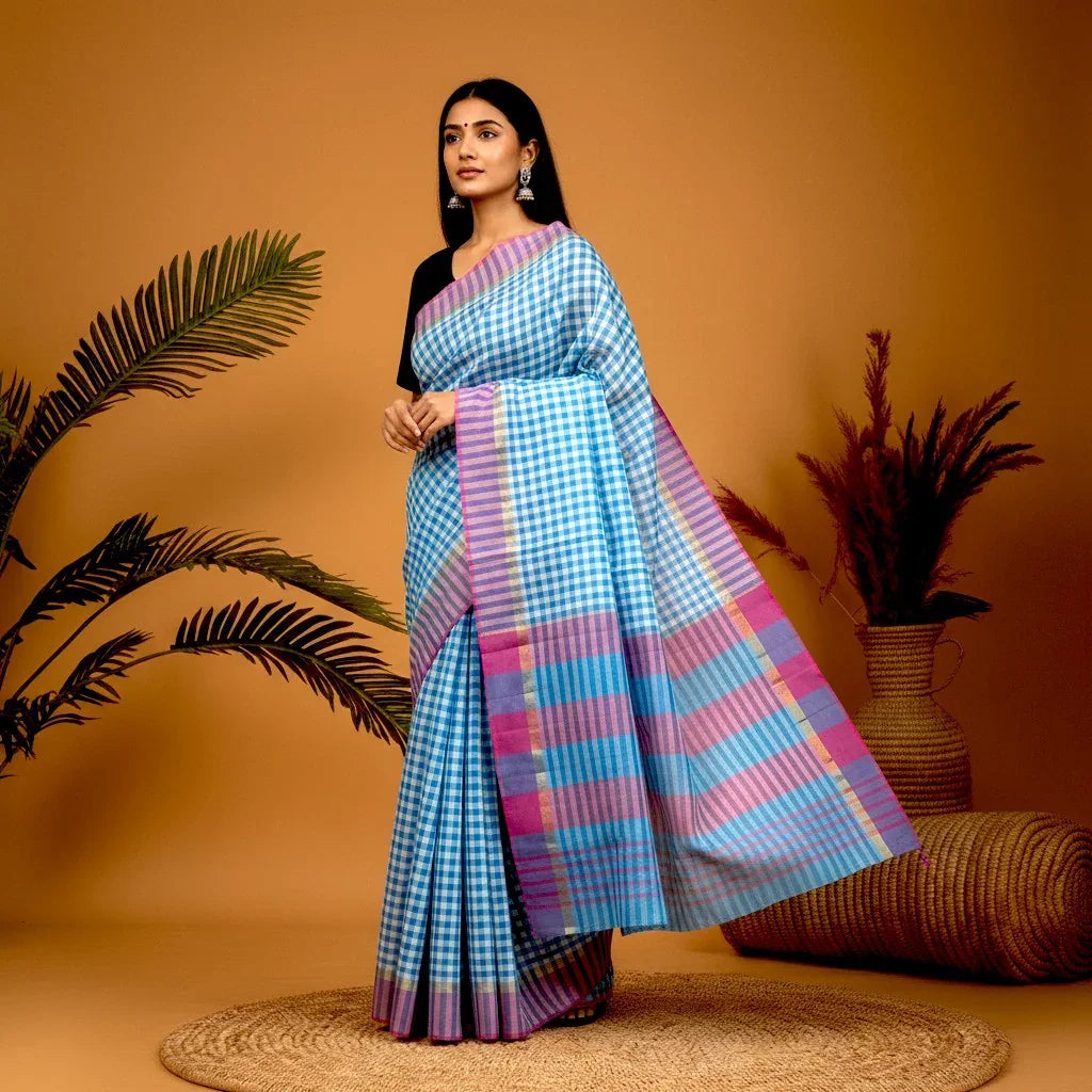 MANGALAGIRI COTTONS BODY WHITE BLUE CHECKS BORDER PINK PALLU AND BLOUSE CHECKS - pochampallysarees.com