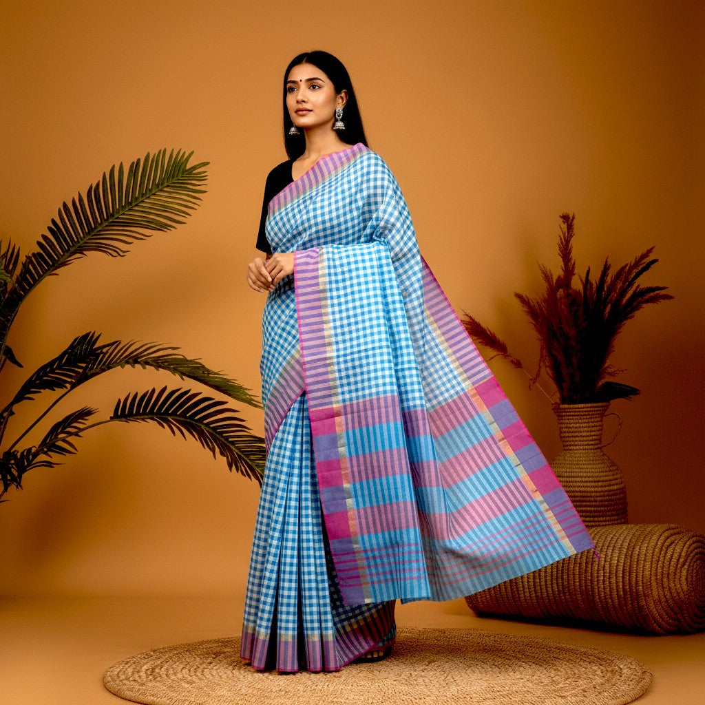 MANGALAGIRI COTTONS BODY WHITE BLUE CHECKS BORDER PINK PALLU AND BLOUSE CHECKS - pochampallysarees.com