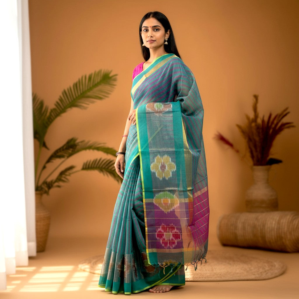 MANGALAGIRI COTTONS BODY BLUE CHOCOLATE BORDER IKKAT RUNNING BLOUSE - pochampallysarees.com