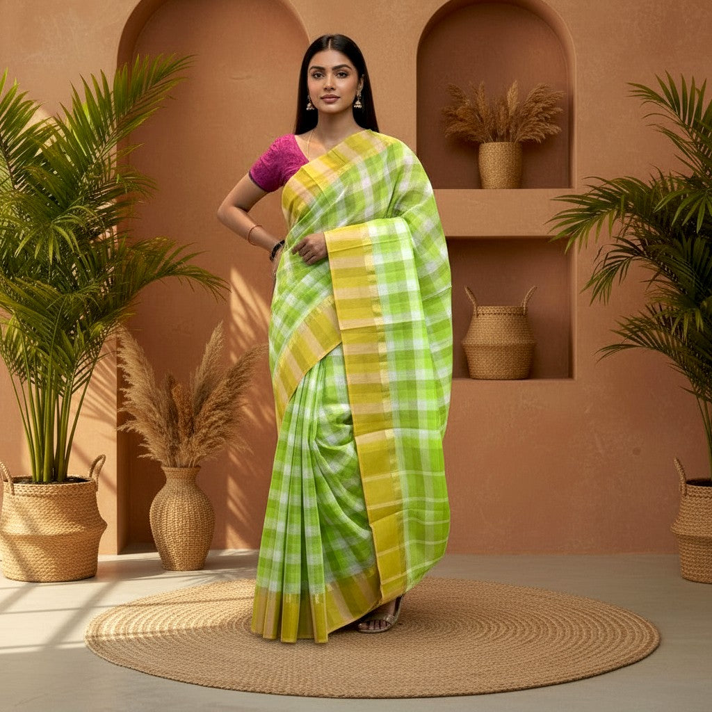 MANGALAGIRI COTTONS BODY GREEN WHITE CHECKS BORDER GREN PALLU AND BLOUSE CHECKS - pochampallysarees.com