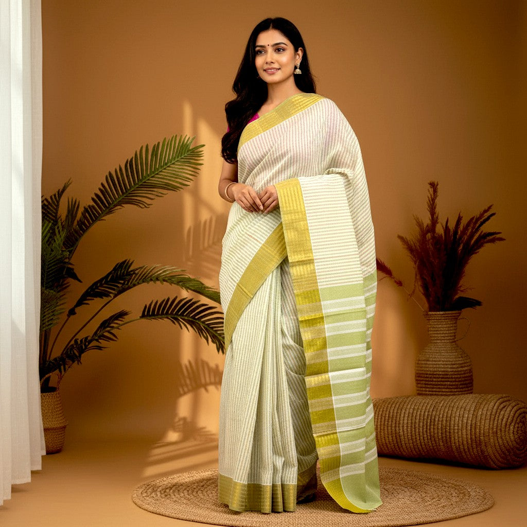 MANGALAGIRI COTTONS BODY GREEN WHITE CHECKS BORDER GREEN PALLU AND BLOUSE CHECKS - pochampallysarees.com