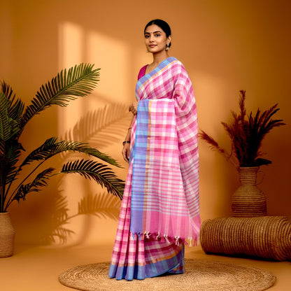MANGALAGIRI COTTONS BODY PINK AND WHITE CHECKS BORDER BLUE PALLU AND BLOUSE CHECKS - pochampallysarees.com