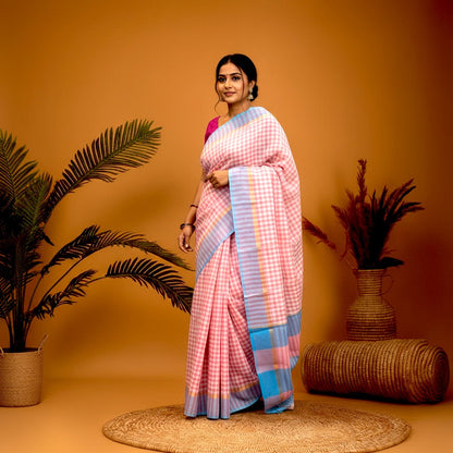 MANGALAGIRI COTTONS BODY RED WHITE CHECKS BORDER BLUE PALLU AND BLOUSE CHECKS - pochampallysarees.com