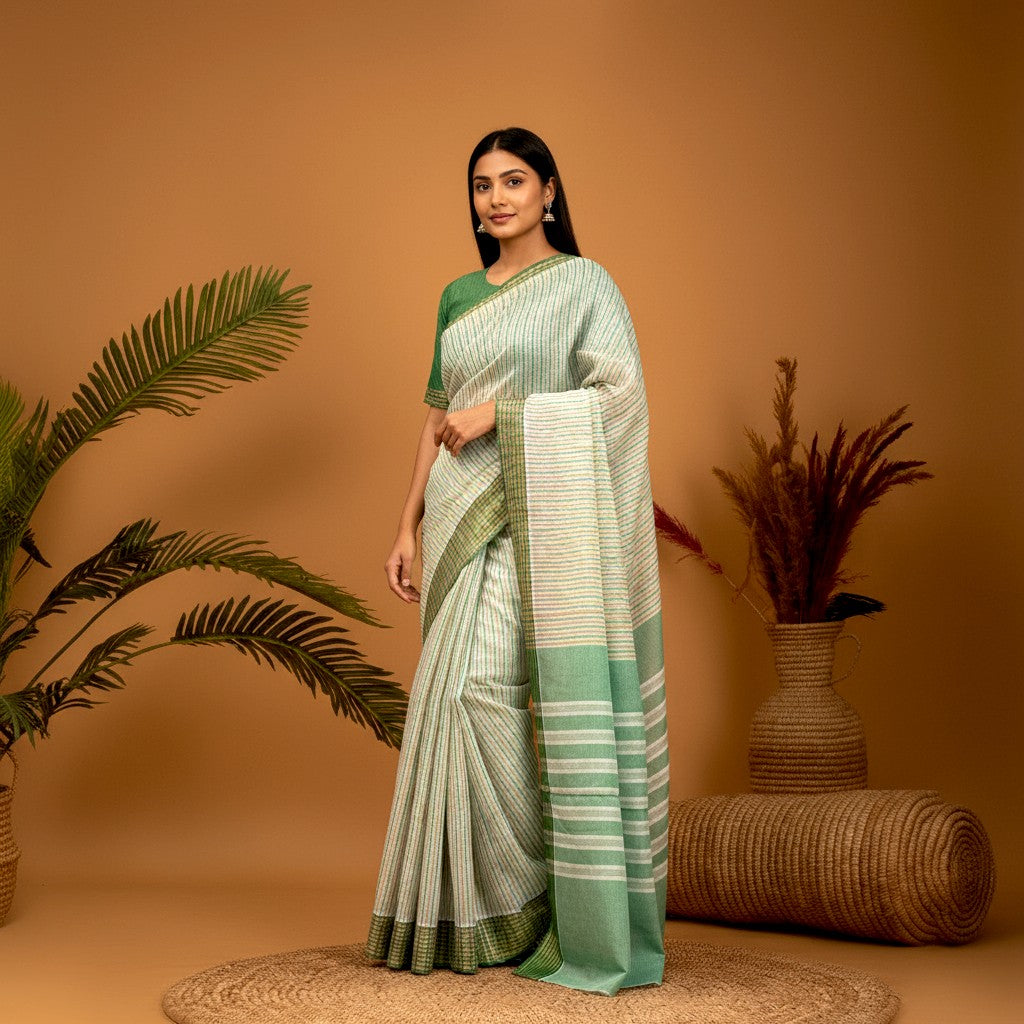MANGALAGIRI COTTONS BODY GREEN WHITE CHECKS BORDER GREEN PALLU AND BLOUSE CHECKS - pochampallysarees.com