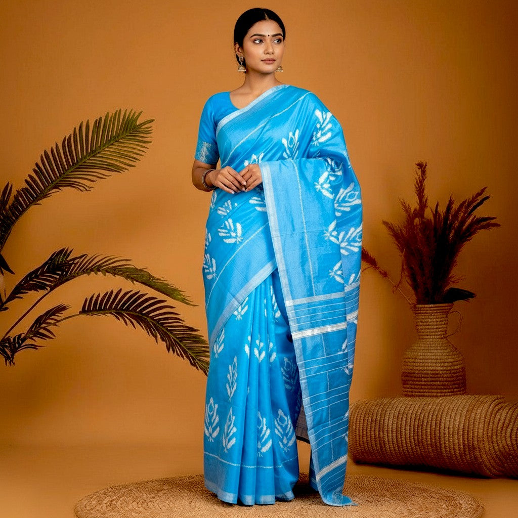Pure-Pochampally-Ikkat-Silk-Blue-Sari-pochampallysarees.com