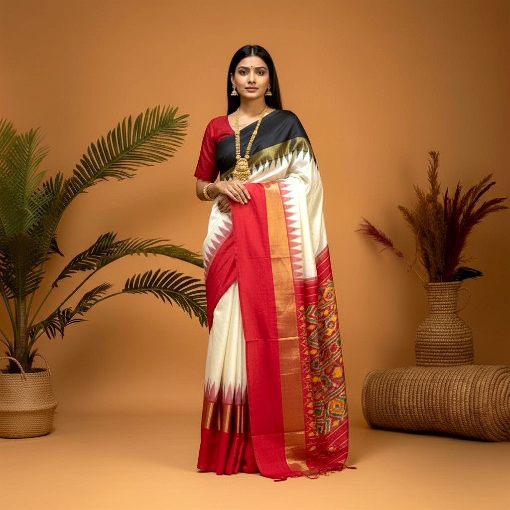 Pure Pochampally Ikkat Silk Cream Red Black Sari - pochampallysarees.com