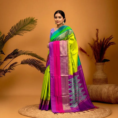 Pochampally Ikkat Silk Sari ,Ganga Jamuna sari, green,purple - pochampallysarees.com