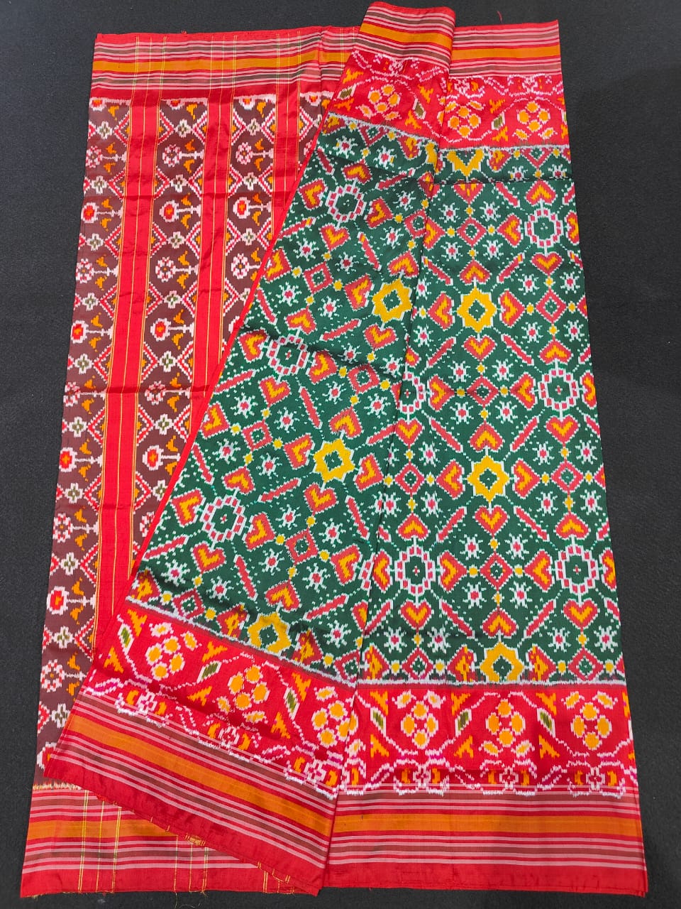 Pochampally Ikkat Silk Patola Green With Red Sari