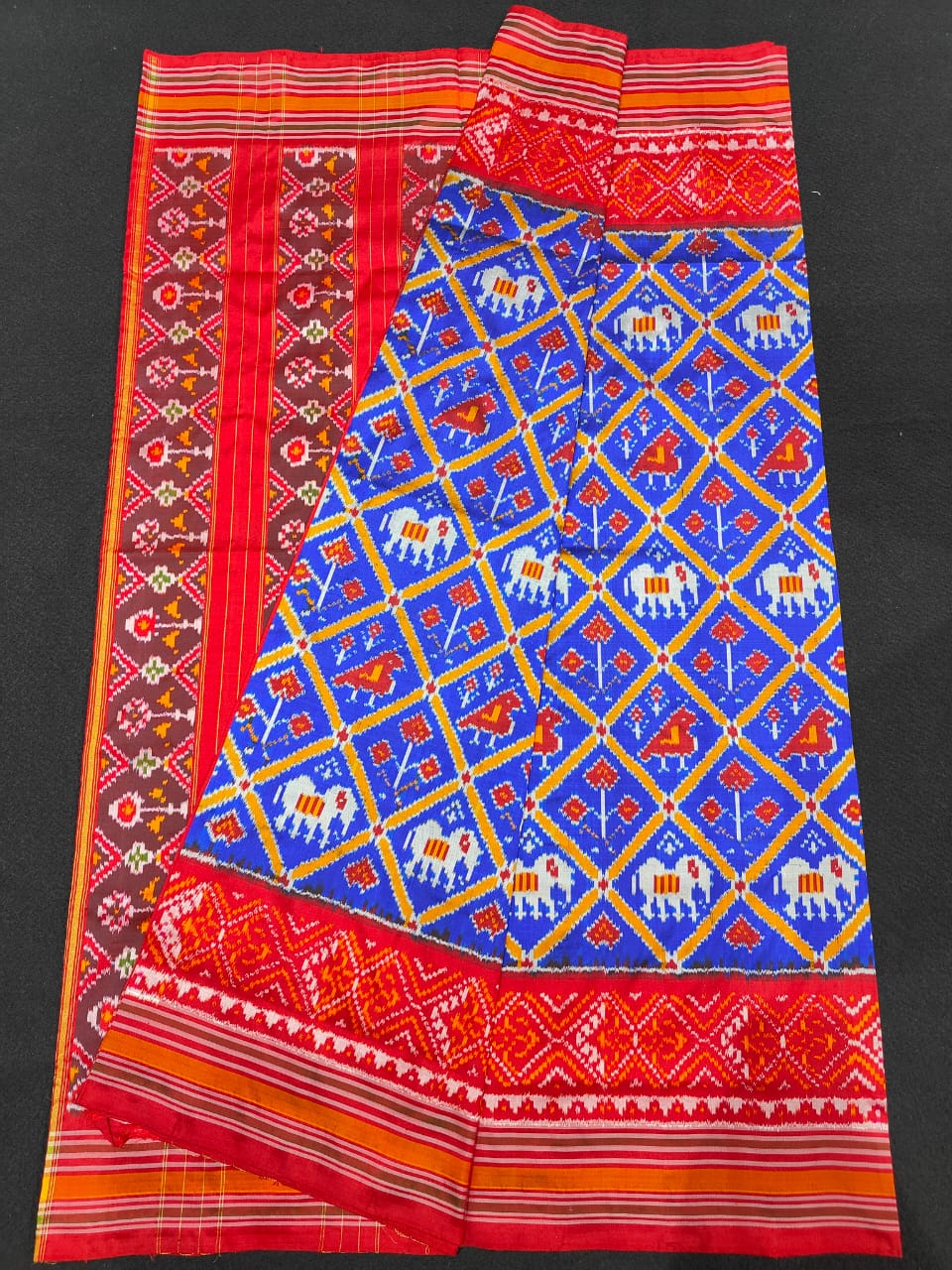 Pochampally Ikkat Silk Patola Blue With Red Sari