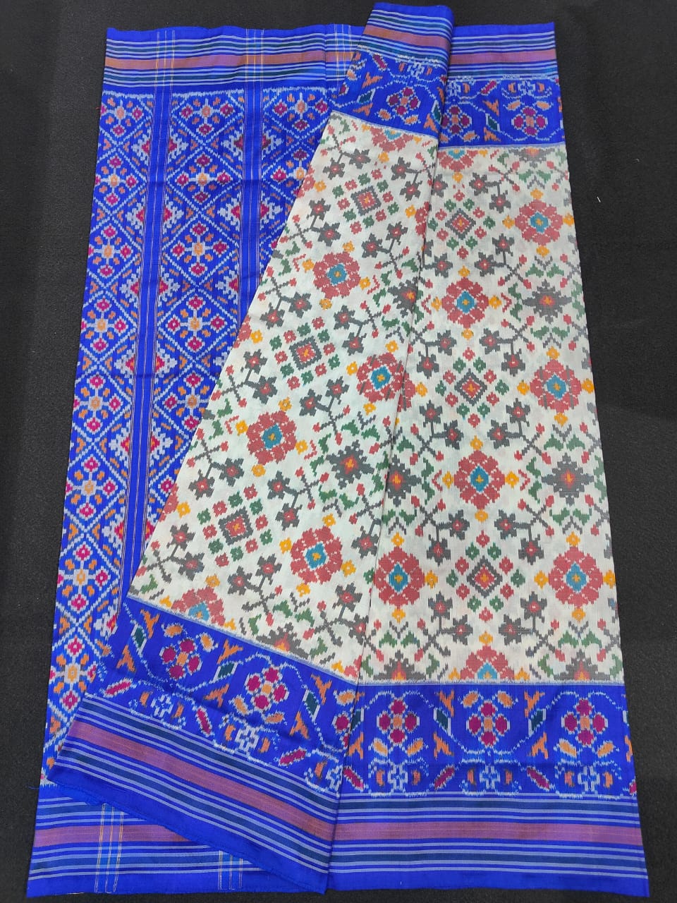 Pochampally Ikkat Silk Patola Cream With Blue Sari