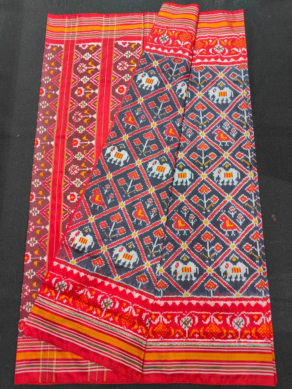 Pochampally Ikkat Silk Patola Navy Blue With Red Sari