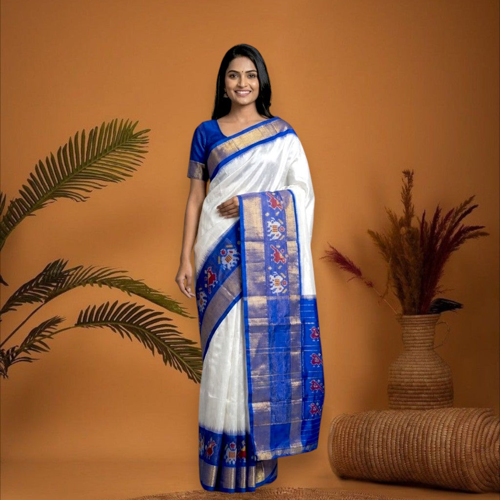 Pure Pochampally Ikkat Silk White Blue Sari - pochampallysarees.com