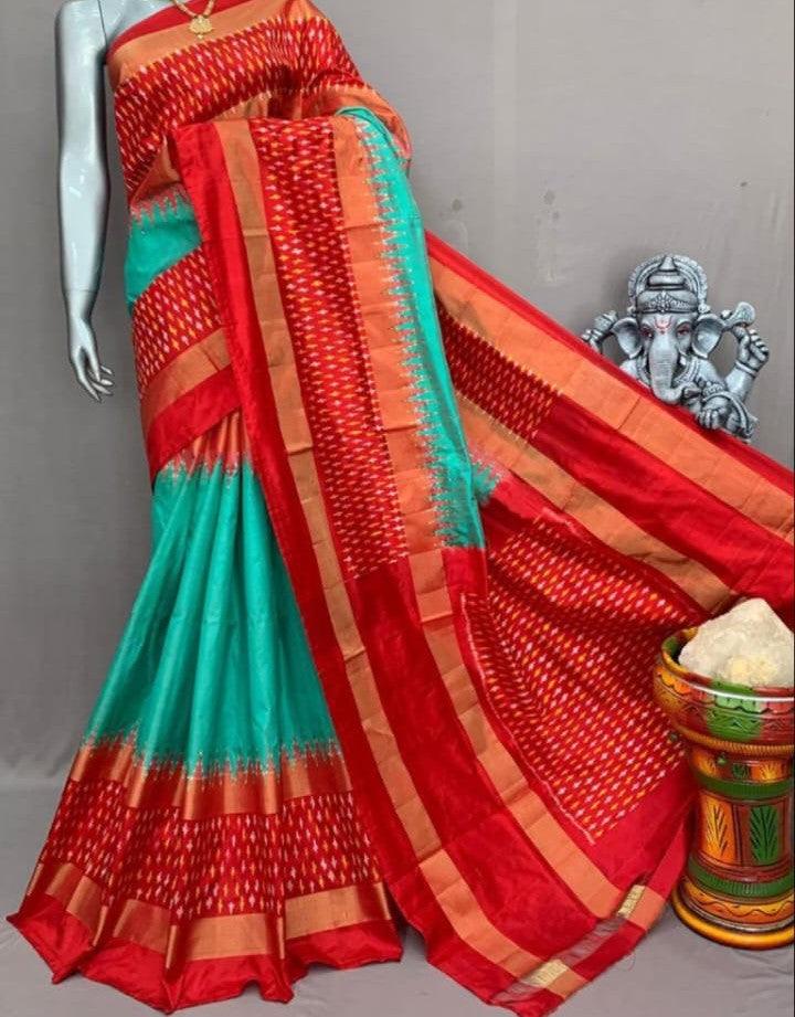 Pure Pochampally Ikkat Silk Sea Green Body Orange Pallu Same Pallu As Blouse