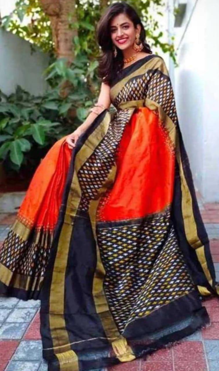 Pure Pochampally Ikkat Silk Orange Body Black Pallu Same Pallu As Blouse