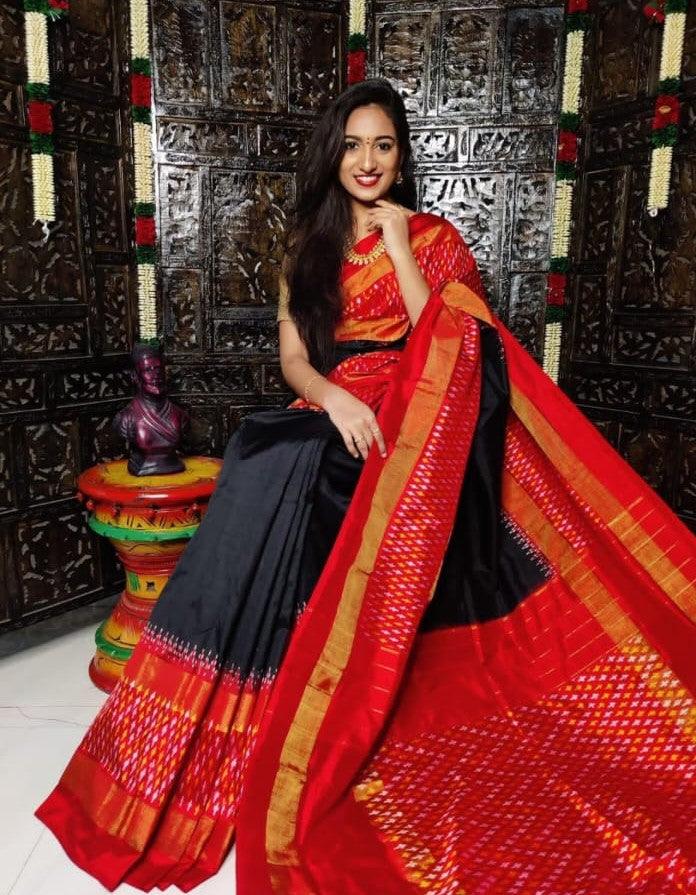 Pure Pochampally Ikkat Silk Black Body Red Pallu Same Pallu As Blouse