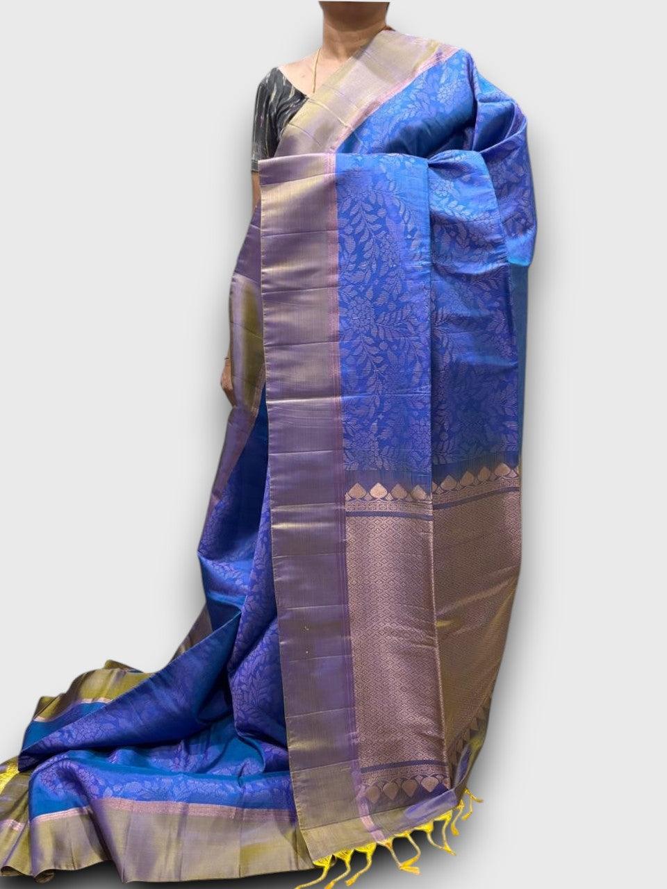 PURE SOFT SILK SAREE BLUE AND GRAY WITH ALLOVER ZARI WEAVES BUTTAS IN PLAIN BORDER