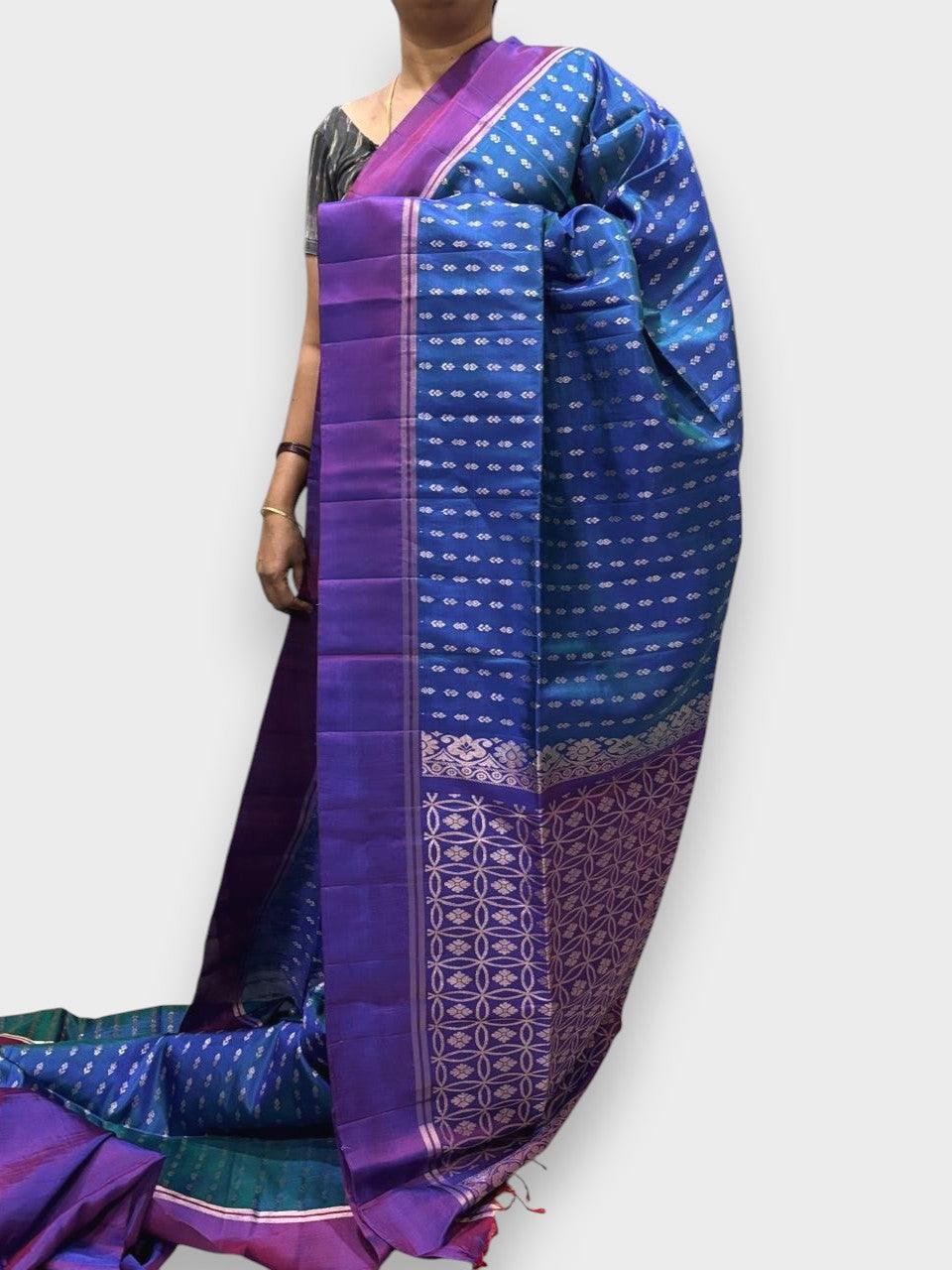 PURE SOFT SILK SAREE BLUE AND PURPLE WITH ALLOVER ZARI WEAVES BUTTAS IN BORDER PLAIN STYLE