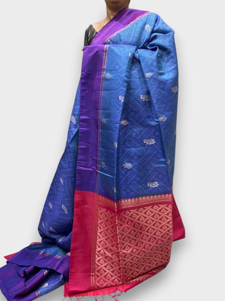 PURE SOFT SILK SAREE BLUE AND RED WITH ALLOVER ZARI WEAVES BUTTAS IN BORDER PLAIN STYLE